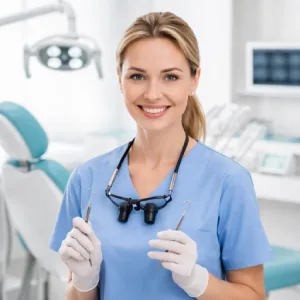 Cosmetic Dentist in Edison providing professional dental care, smiling dentist holding dental tools in a modern clinic setting